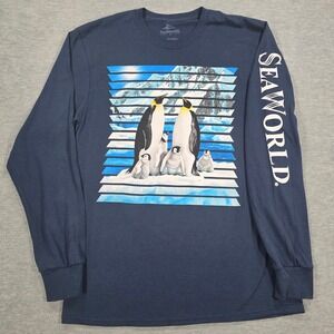 SeaWorld Mens Navy Blue Penguin Graphic Long Sleeve T-Shirt Size M New With Tags